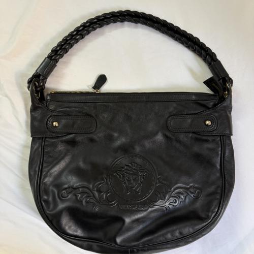 Versace Black Leather Embossed Medusa Braided Strap Shoulder Bag
