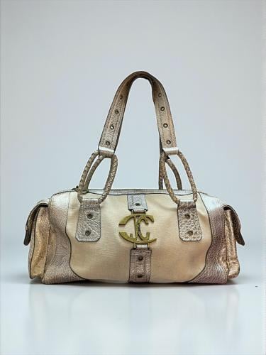 Beige Canvas & Metallic Leather Bowler Bag