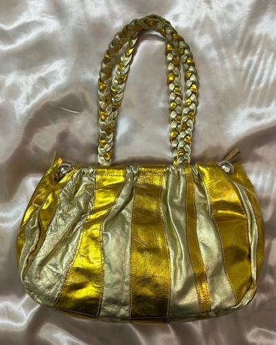 Bruno Magli Metallic Gold Leather Tote Bag with Braided Handles