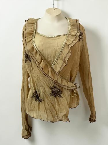 Samsara Beige Sheer Ruffle Wrap Blouse with Floral Embroidery - Size 3