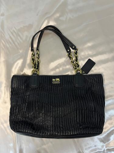 Coach Black Pleated Leather Tote Bag with Chain Ha...