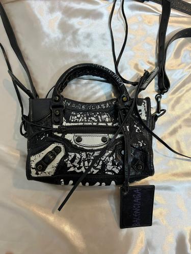 Balenciaga Black Leather and White Paint Mini Satc...