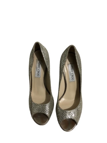 Jimmy Choo Metallic Luna Open Toe Pumps in Gold Le...