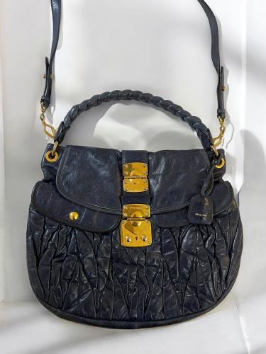 Miu Miu Navy Blue Matelasse Lux Leather Small Coff...