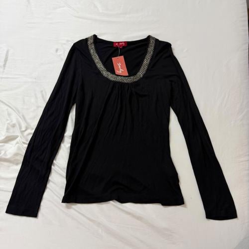 Derhy Black Long Sleeve Top with Ring-Embellished Scoop Neckline - Size M