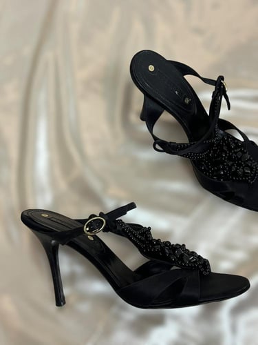 Celine Black Beaded Heeled Sandals - Size: 40