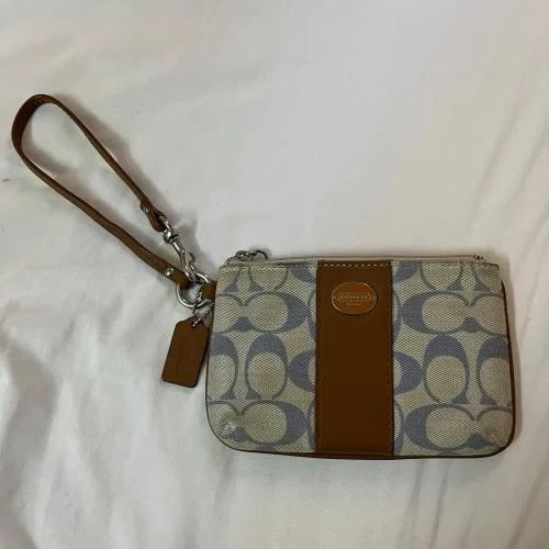 Coach Blue & Beige Signature Canvas Wristlet Pouch