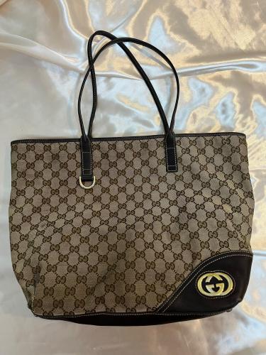 Gucci Beige Canvas GG Logo Tote Bag with Black Lea...