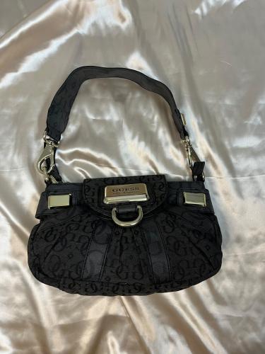 Guess Black Monogram Shoulder Bag with Gold Hardwa...