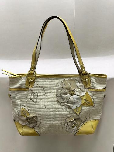 Vintage Coach Hamptons Leather Floral Straw Tote S...