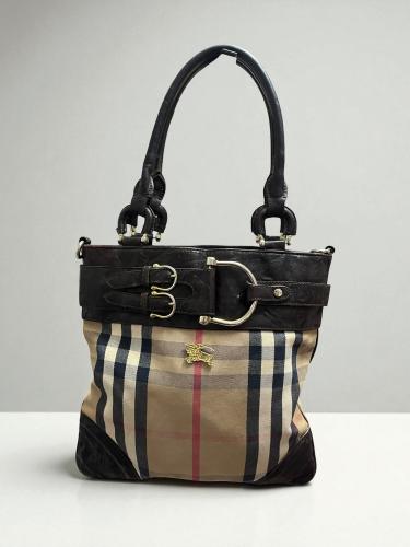 Burberry Brown and Beige Checkered Leather Tote Ba...
