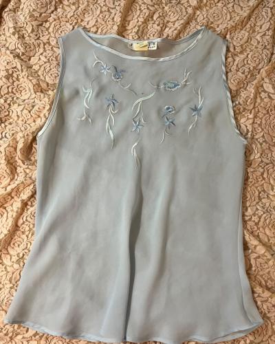 Josie by Natori Sky Blue Sheer Sleeveless Top with Floral Embroidery - Size Medium