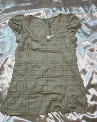 Burberry Brit Beige Plaid V-Neck Short Sleeve Top - Size L