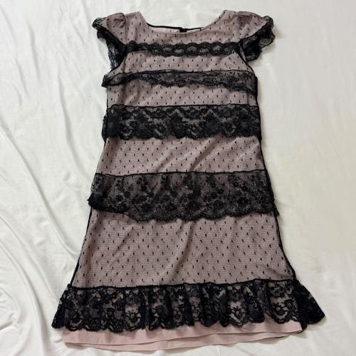REDValentino Pink Polka Dot Mesh Dress with Black Lace Tiers - Size 42