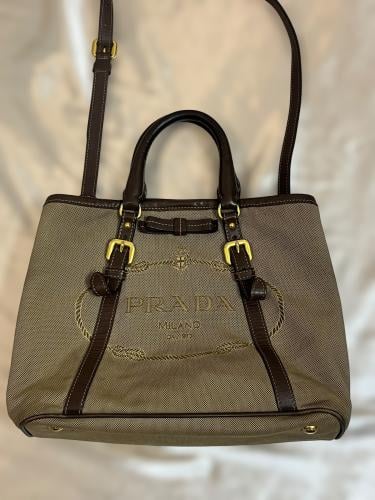 Prada Beige Canvas Tote Bag with Brown Leather Tri...