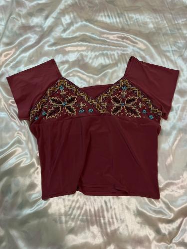 Almodah Burgundy Short Sleeve Top with Intricate Bead and Wood Detail - Size 4 / L