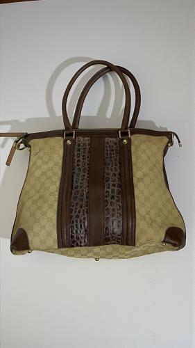 Gucci Beige GG Canvas Tote with Crocodile Leather...