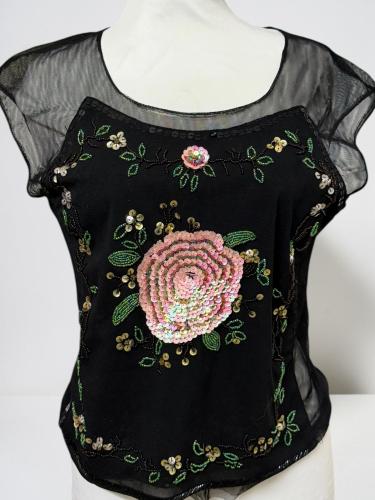 Black Mesh Top with Floral Design - Size M