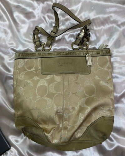 Coach Gold Signature Canvas and Suede Tote Bag
