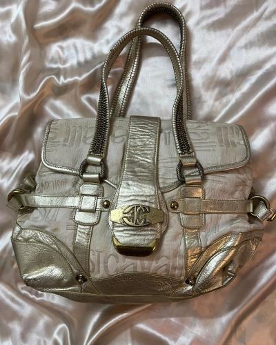 Just Cavalli Beige and Gold Logo Print Shoulder Bag