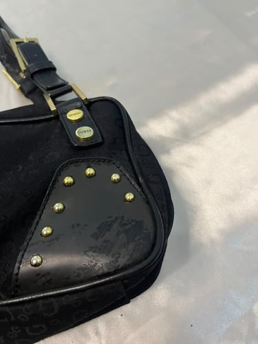 Guess Black Shoulder Bag with Gold Hardware & Zip...