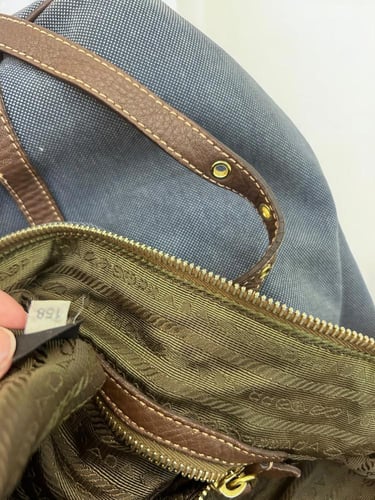 Prada Blue Canapa Canvas Tote Bag with brown