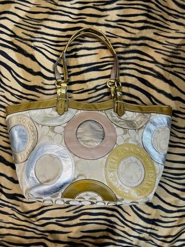 Coach Beige and Silver Leather Tote Bag