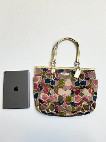 Coach Multicolor Op Art Satin and Leather Side Poc...