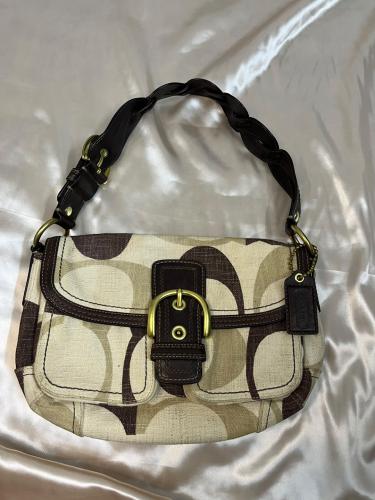 Coach Signature Canvas Shoulder Bag with Brown Lea...