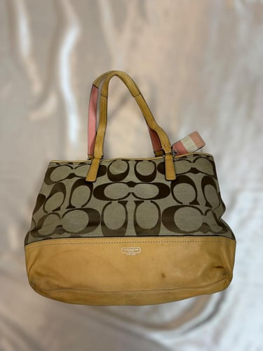Coach Brown Monogram Canvas Tote Bag with Leather...