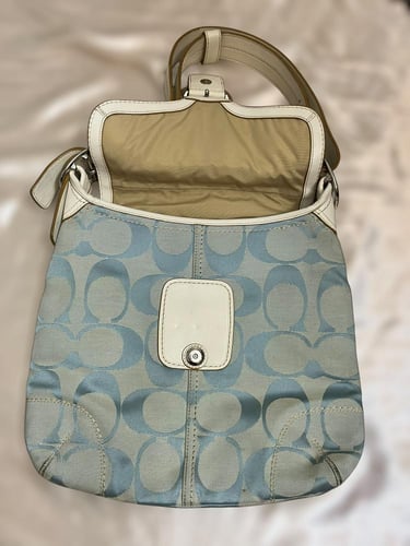 Coach Blue and White Monogram Flap Shoulder Bag