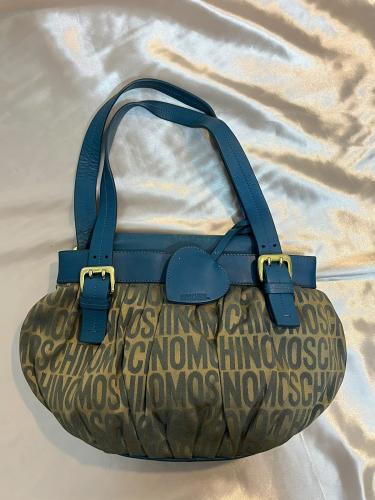 Moschino Teal and Brown Logo Shoulder Bag