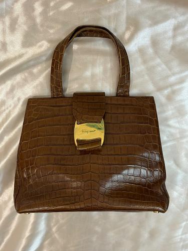 Salvatore Ferragamo Brown Crocodile Print Leather...