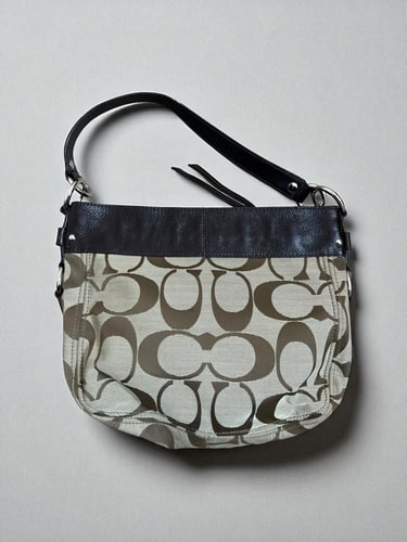 Coach Zoe Signature Purse Khaki Brown Leather Trim...