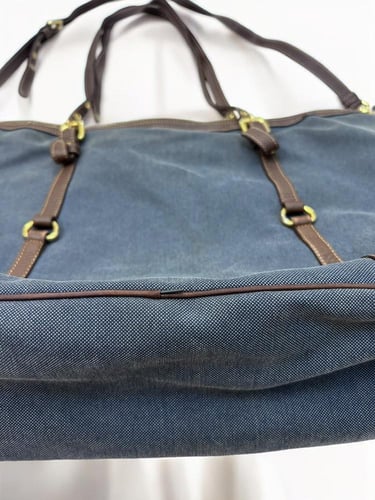 Prada Blue Canapa Canvas Tote Bag with brown
