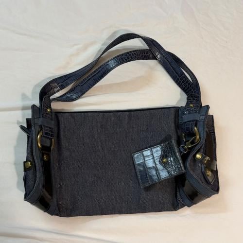 Lancel Blue Denim and Croc-Embossed Leather Shoulder Bag