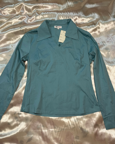HJ Fashion Teal Blue Long Sleeve V-Neck Blouse - Size 2