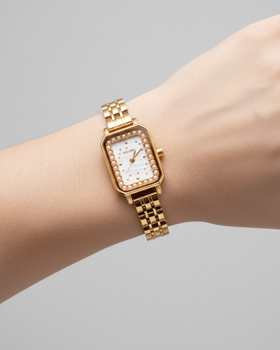 ساعة ذهبية بإطار لؤلؤ ومينا أبيض | سيزون