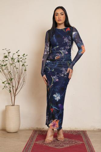 فستان تول استرتش ناعم كحلي بأكمام بنقشة ورود