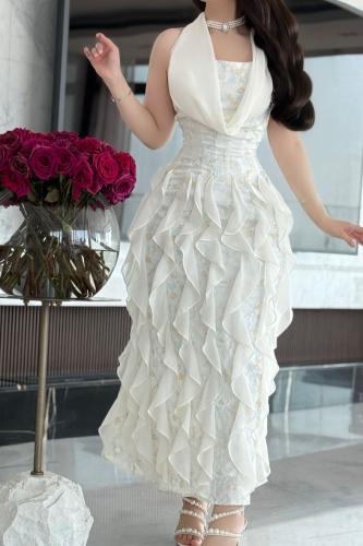 فستان سهرة ميكس شيفون مع دانتيل مشجر