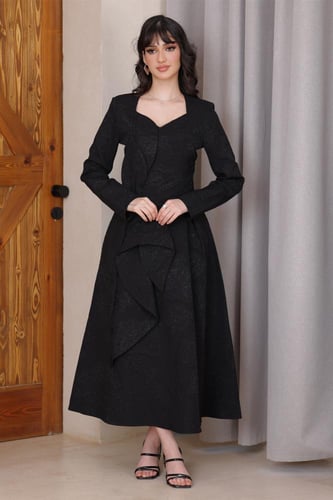 فستان جاكار اسود مزخرف بالورود