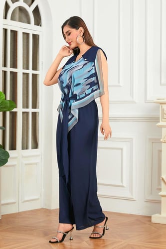 طقم شيفون أزرق بنطلون وبلوزة