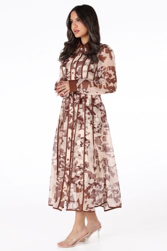 فستان شيفون بيج مشجر بنقشة بنيه