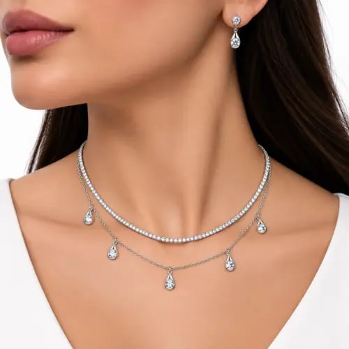 طقم زركون طبقتين بتصميم الدمعة | سيزون