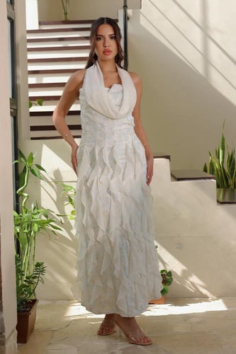 فستان سهرة ميكس شيفون مع دانتيل مشجر