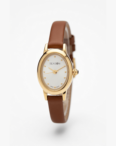 ساعة سيزون جلد ناعمة | إطار بيضاوي ذهبي