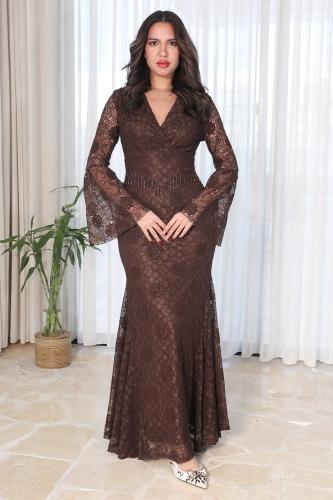 فستان سهرة دانتيل بني مع هدب على الخصر