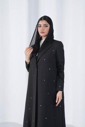 جاهز - عباية بليزر بكريستال دائري منثور - أسود / M...