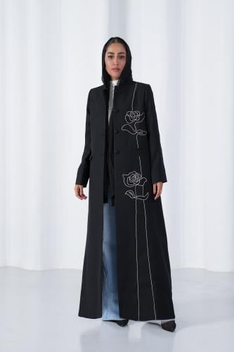 عباية بليزر لينن هندي بتطريز ورد على الصدر والطرحة