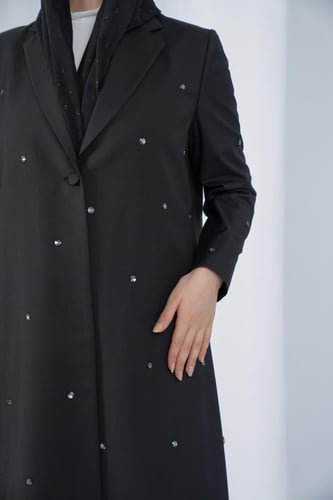 جاهز - عباية بليزر بكريستال دائري منثور - أسود / M...